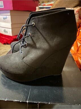 Black Lace-Up Wedge Bootie - Women